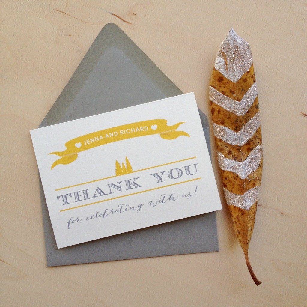 Grey and Yellow Thank You Cards with matching invites and custom names
