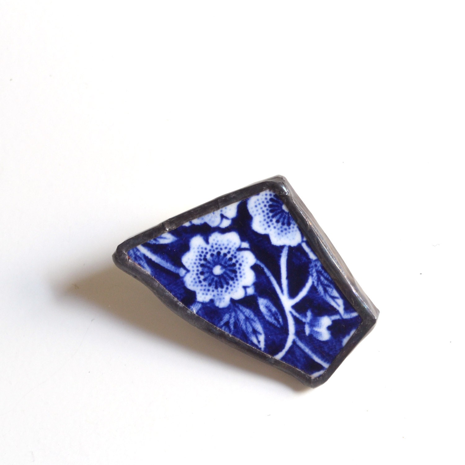 Broken Plate Brooch - Blue Calico - Recycled China