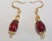 Red Earrings, Gold Beaded Jewelry, Red Dangle Earrings, Handmade Jewelry