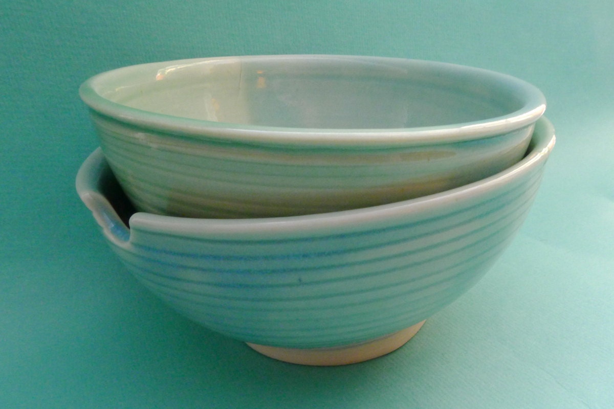 Porcelain celadon glazed hand carved bowls - set of 2- dip glazed highfire ceramic