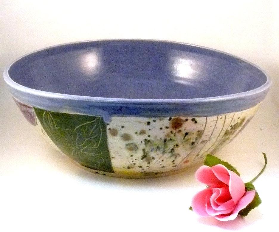 Big periwinkle purple handmade ceramic kitchen serving bowl with owl IN STOCK functional art color blocks