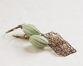 Boheme Earrings - mint gold stripes & antiqued filigree drop earrings
