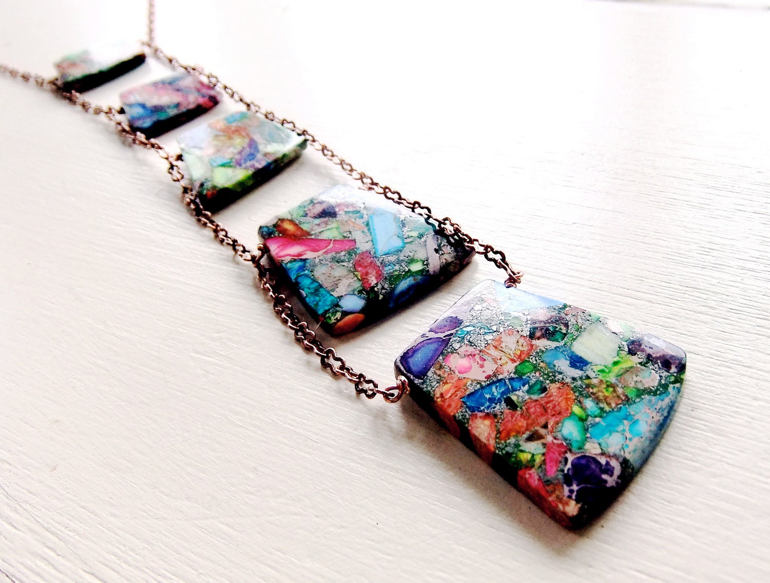 Rainbow Variscite Pyrite on copper chain ABACUS Ladder Statement Necklace Long