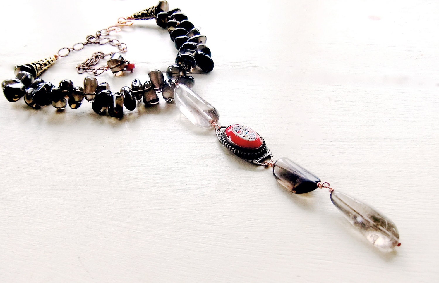 Tiny Flowers TOKENS Gemstone Pendant Necklace - Antique Millefiori, Ombre Smoky Quartz Copper