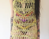 Handknit sheer lace dress - recycled cotton tshirt yarn - Small beach coverup