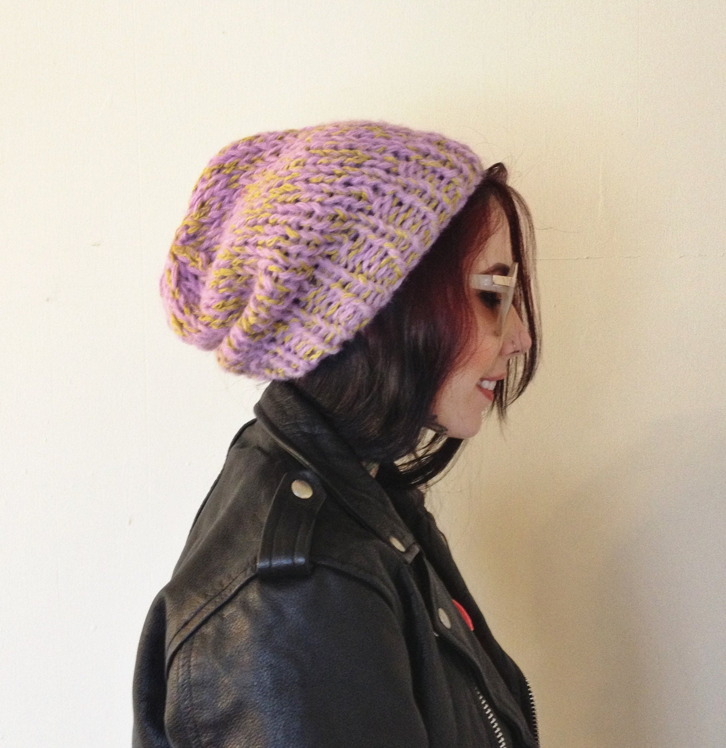 Lavender & green marled beanie - handknit from recycled yarns