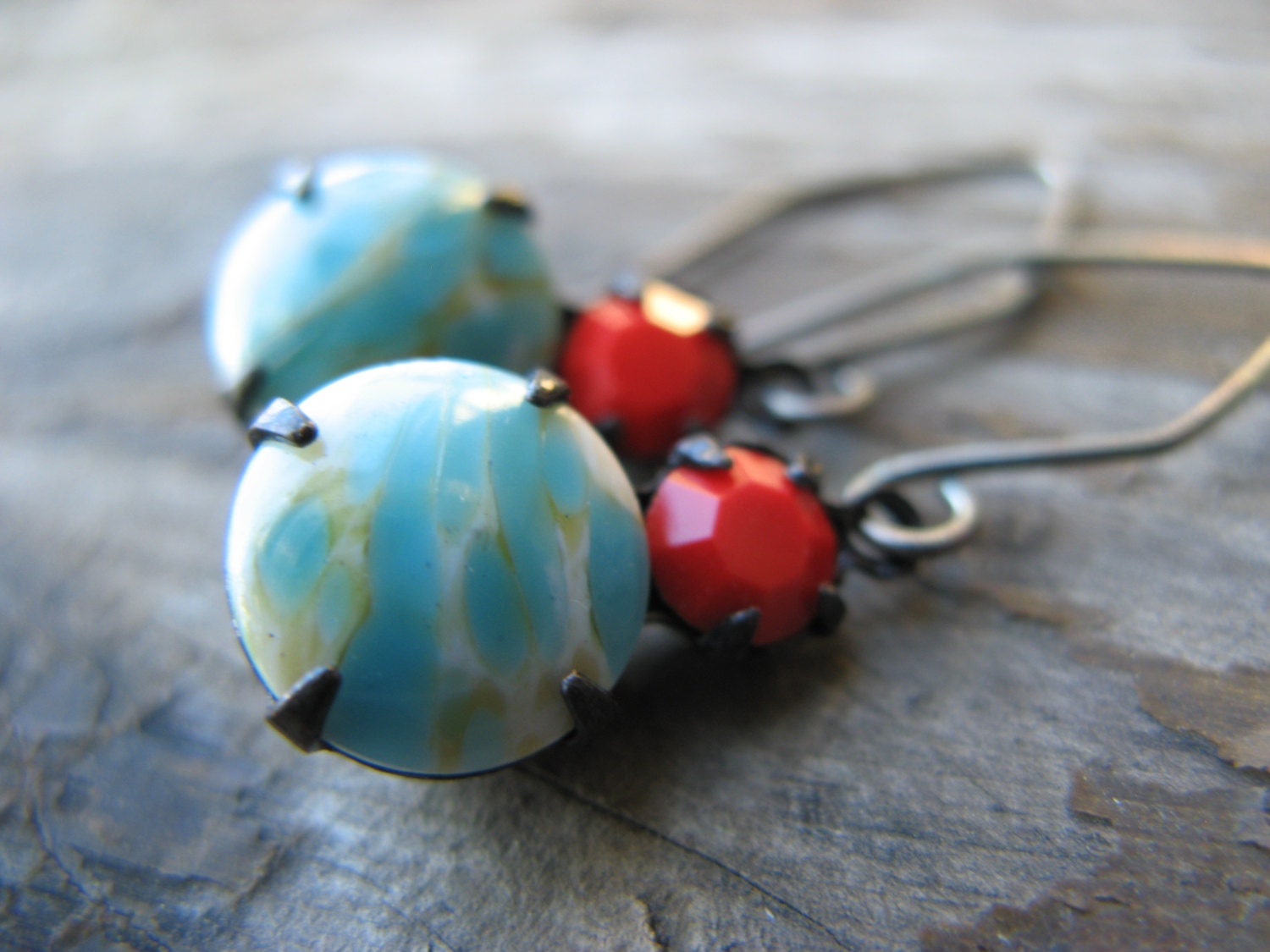 vintage glass earrings - turquoise marble and poppy red- oxidized silver - JewlLi