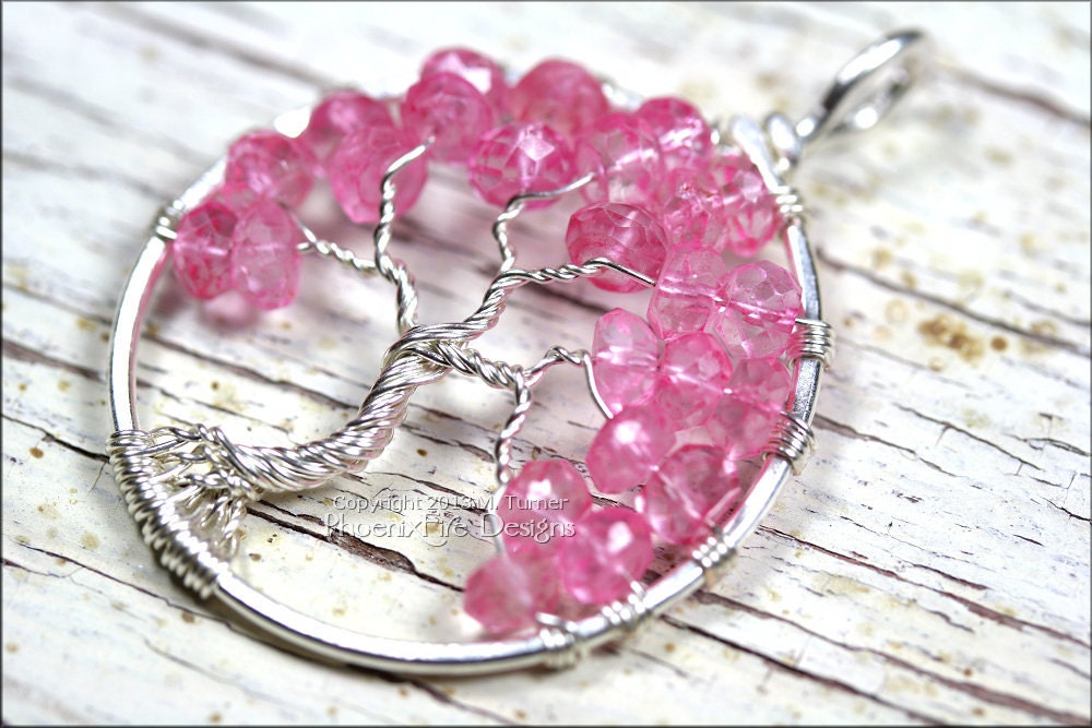 Tree of Hope - Pink Topaz Tree of Life Pendantin Sterling Silver Wire Wrapped Breast Cancer Awareness