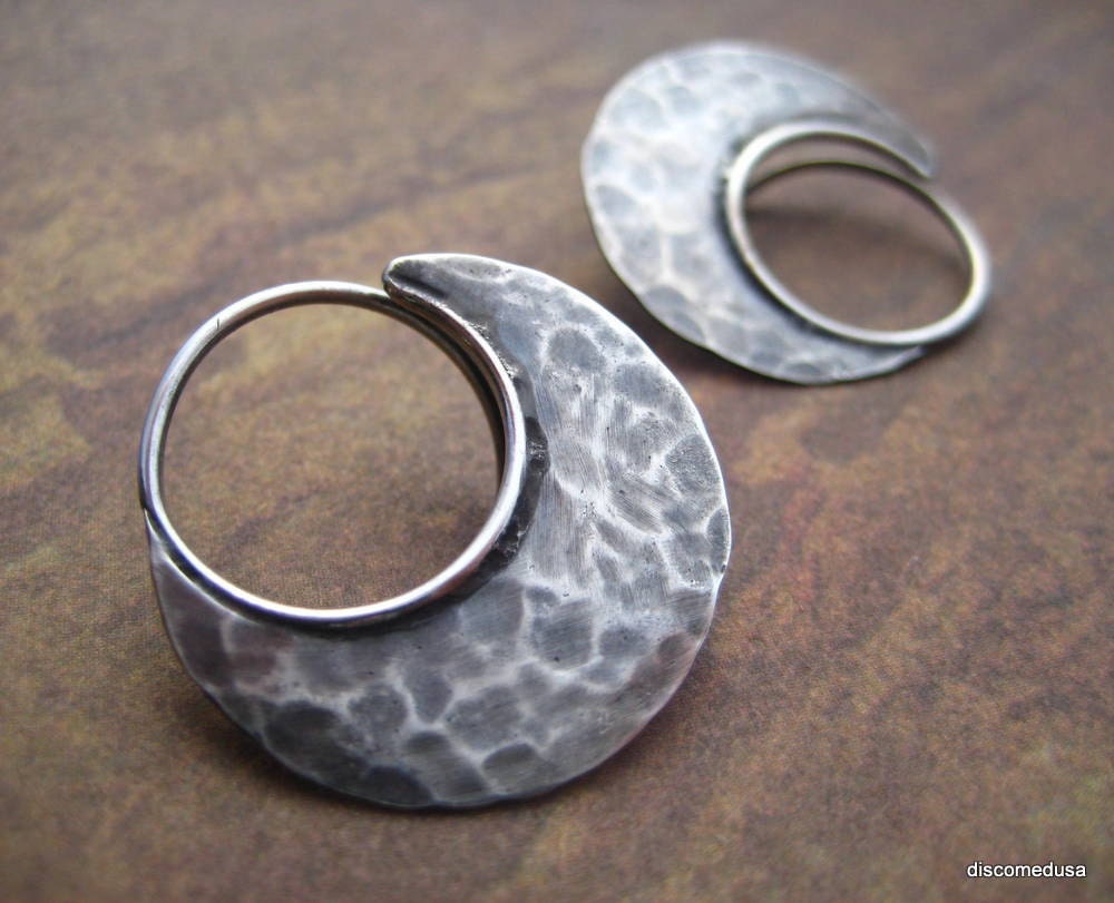 Medium distressed silver blade hoop tribal industrial earrings