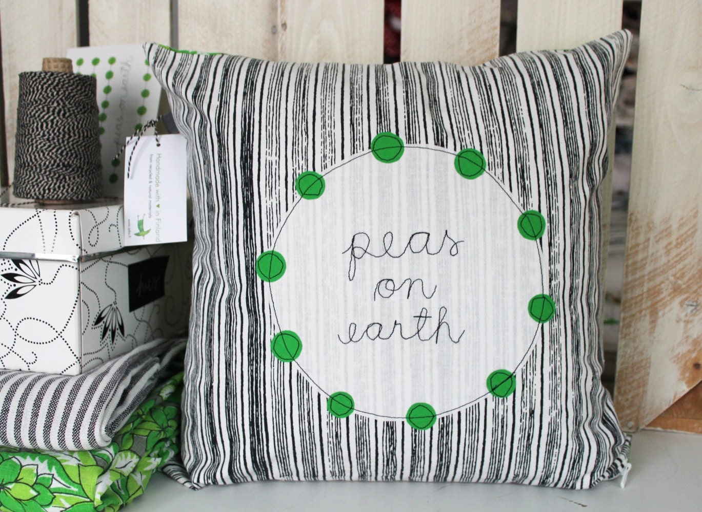peas on earth - appliquéd cushion cover