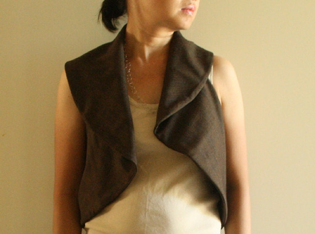 chocolate plaid WOOL VEST with open back. autumn winter spring. womens clothing. mothers day. handmade by pamelatang