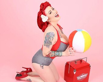 Gingham and red pinup style high waisted swimsuit