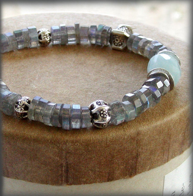 Labradorite Bracelet with Aquamarine and Artisan Silver - March Birthstone