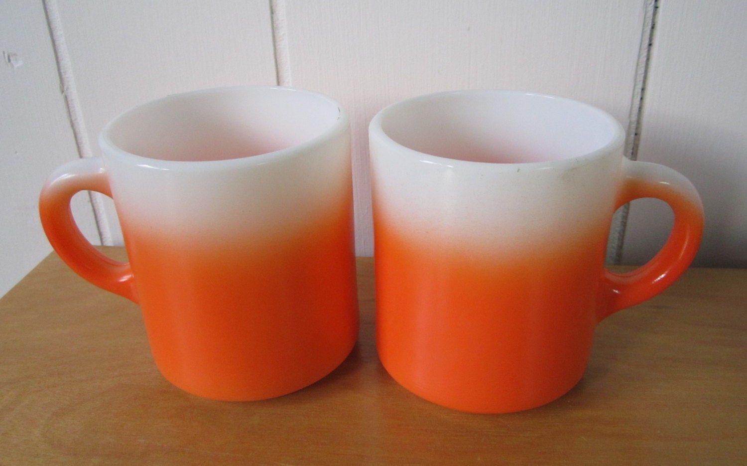 2 vintage orange ombre milk glass mugs