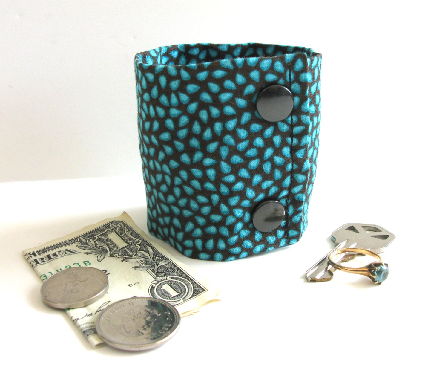Secret Stash Money Cuff- Teal Teardrops-New Print-  Hide your cash, jewels, key,health info  in a hidden zipper