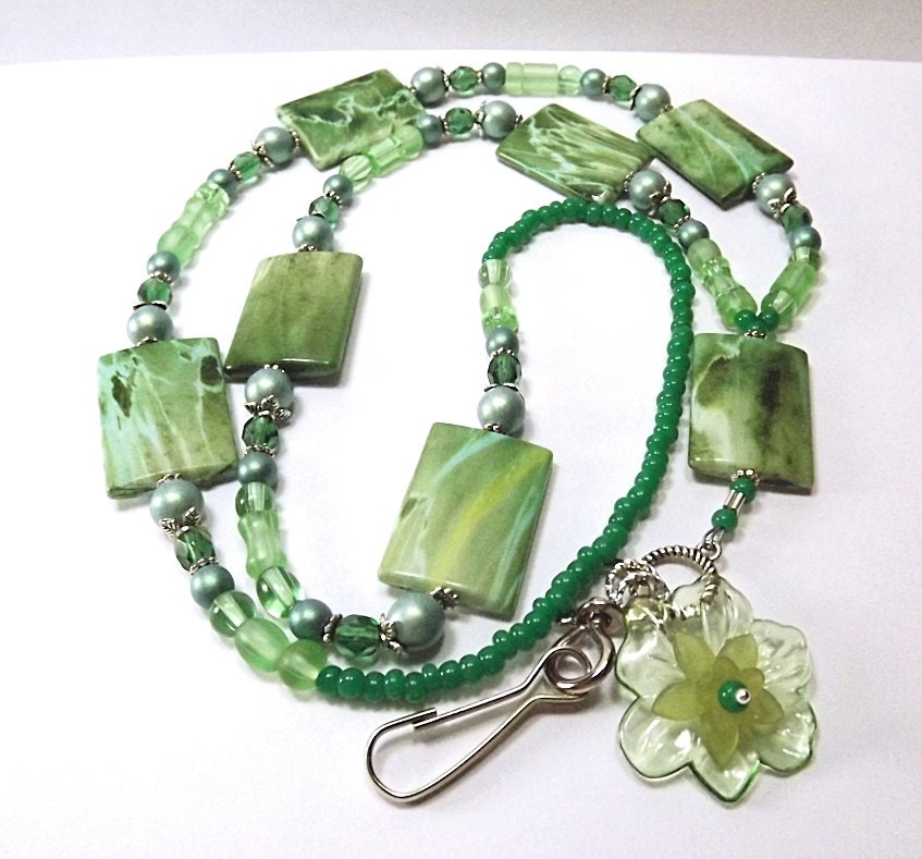 Green Beaded Id Lanyard, Beaded id necklace, badge holder, Green Goddess, TPMB