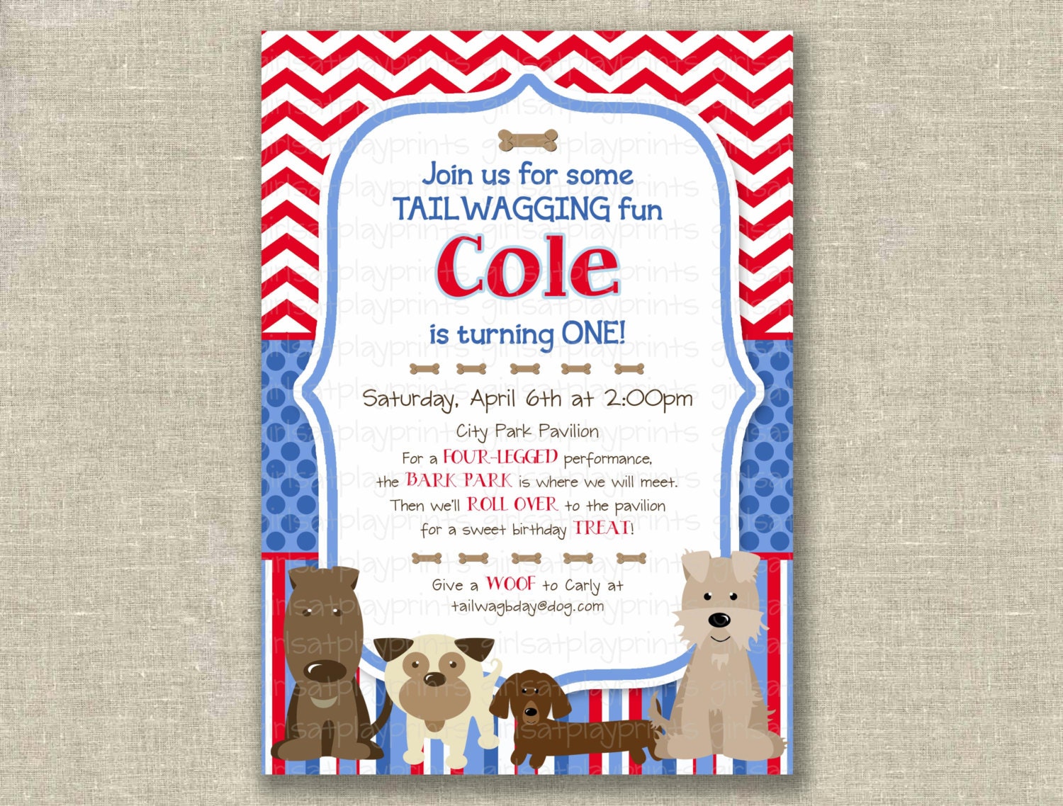 Boy 1st first Birthday Invitation Invite Dog Puppy Red White Blue Digital - by girlsatplay girls at play Il_170x135