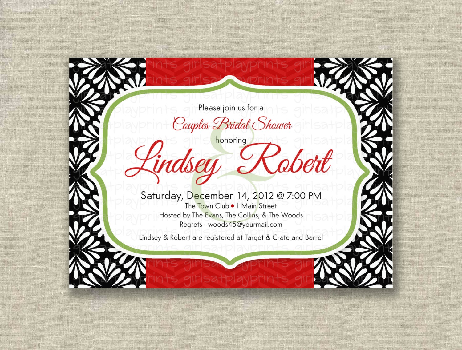 Bridal Shower Black Damask Couples Red Chevron Digital - by girlsatplay girls at play Il_570xn