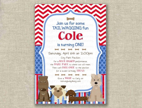 Boy 1st first Birthday Invitation Invite Dog Puppy Red White Blue Digital - by girlsatplay girls at play Il_570xn