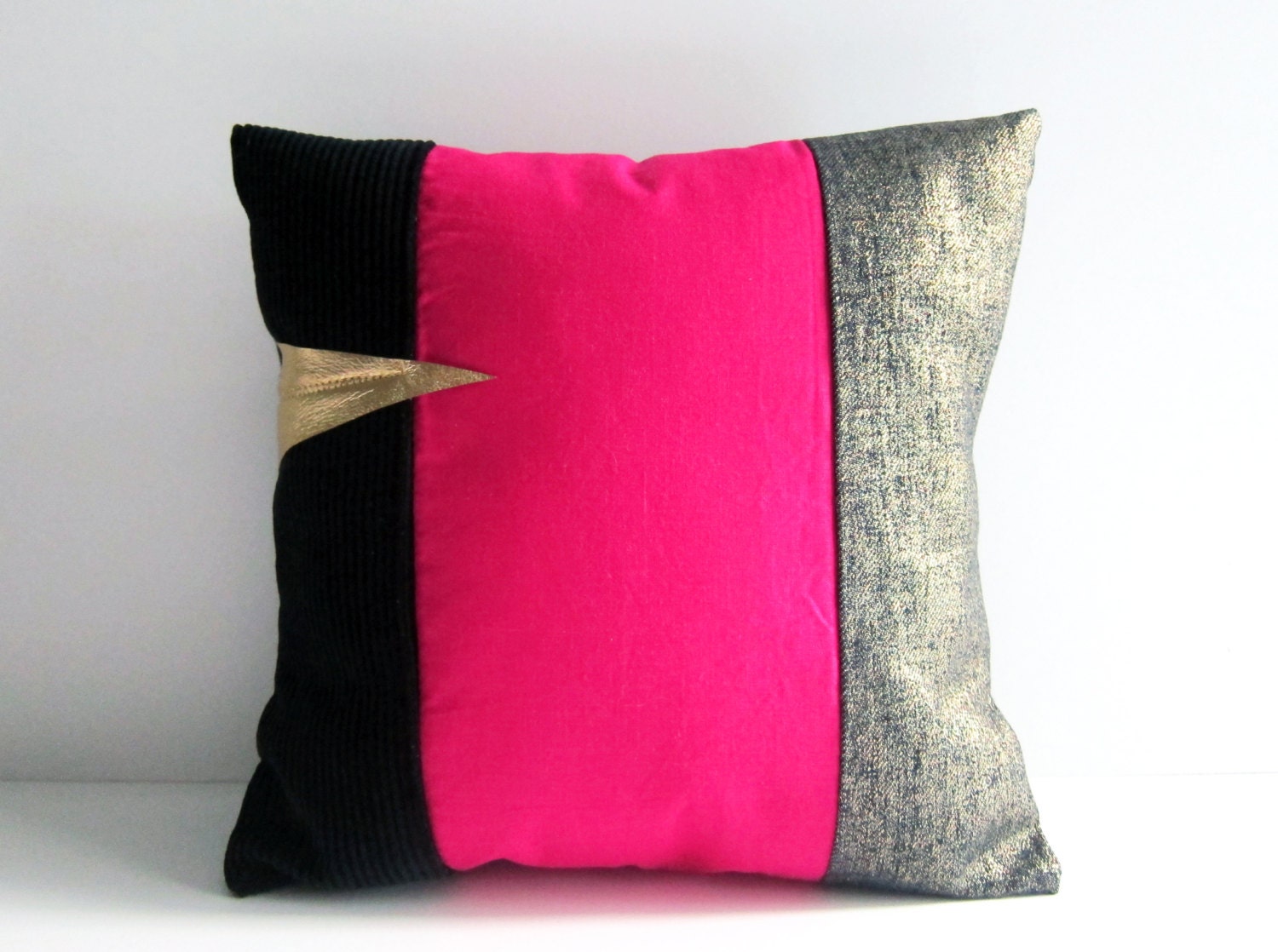 Colour block pillow striped cushion pink black gold leather detail memake handmade modern home decor
