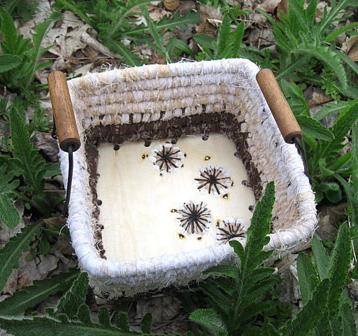 SEED PODS  Wood burned textile art BASKET tray box   New Poppy Series