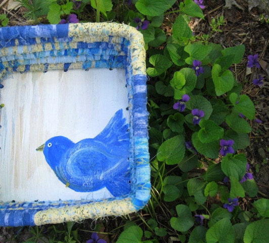 BLUEBIRD textile art BASKET tray box  with matching linen  A Series of BIRDS