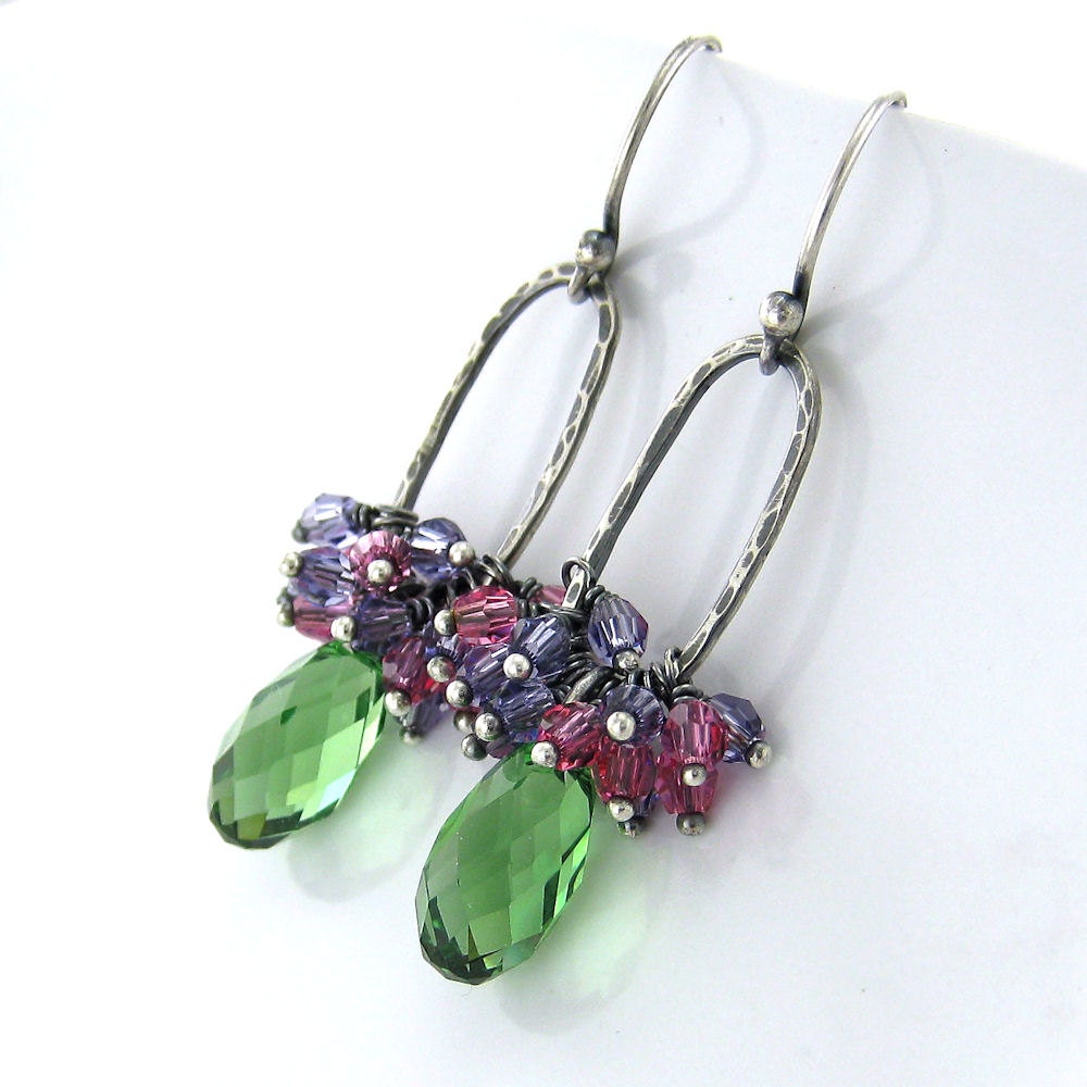 Green Crystal Earrings Erinite Tanzanite Rose Pink Swarovski Crystal Jewelry Cluster Earrings Sterling Silver Fashion Jewelry Beth No. 31