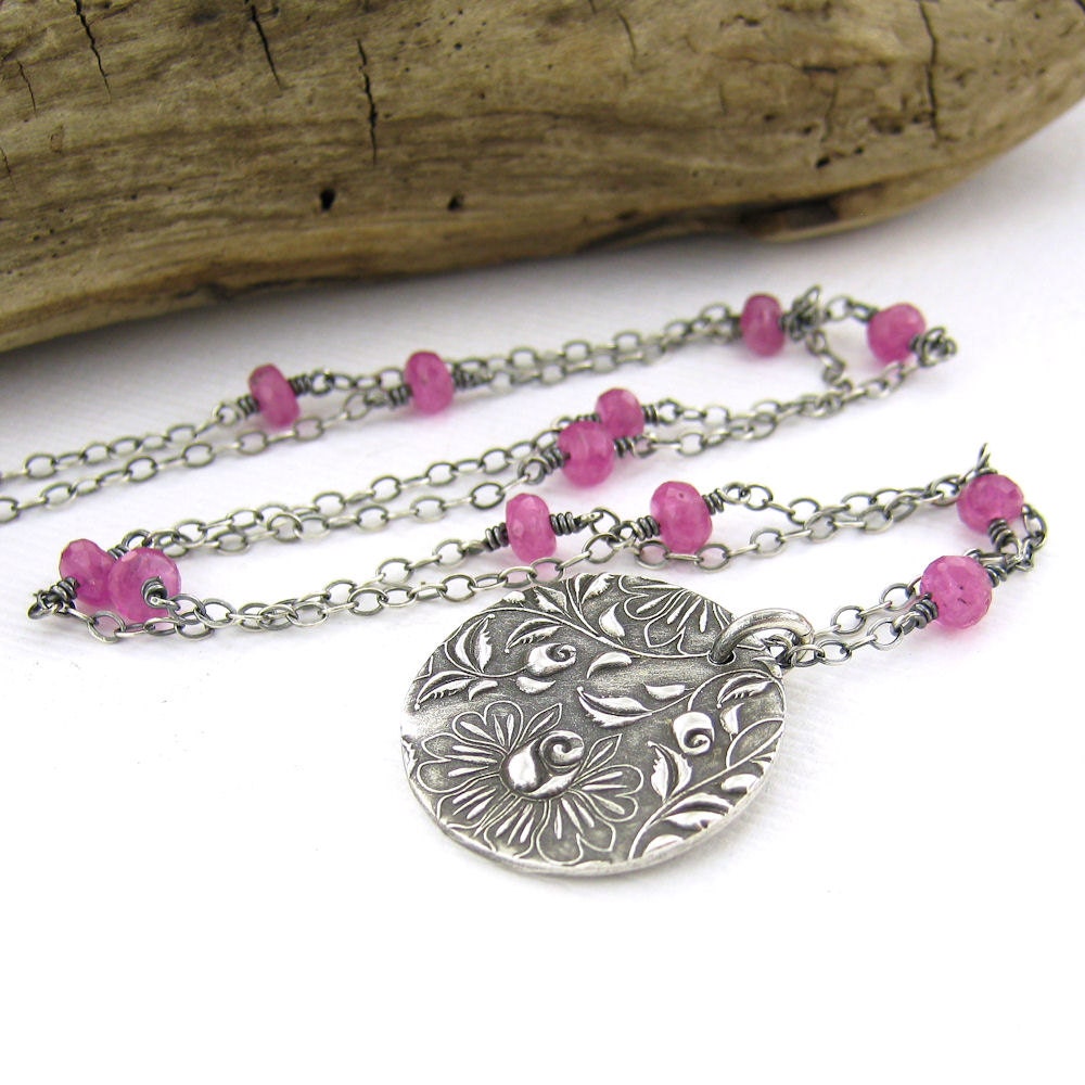 Wire Wrapped Pink Sapphire Necklace Sterling Silver Hot Pink Gemstone Necklace Rose Pendant Handmade Jewelry - Held Within No. 25