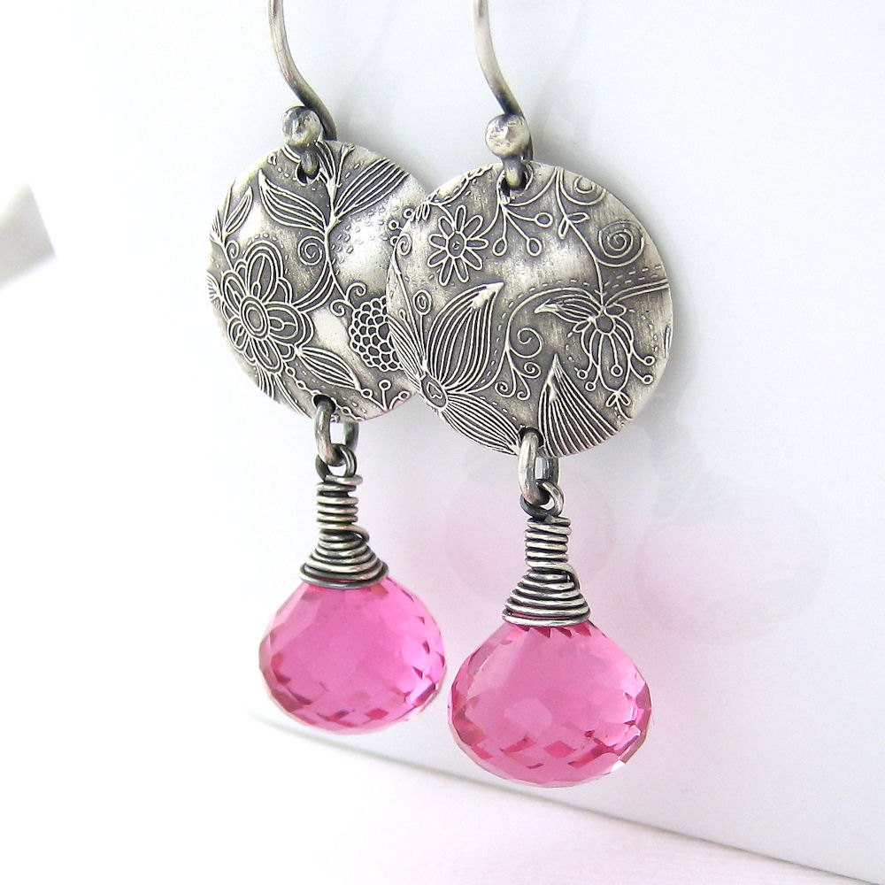 Hot Pink Earrings Hot Pink Quartz Sterling Silver Circle Earrings Enchanted Garden Handmade Jewelry - Kristen No. 14