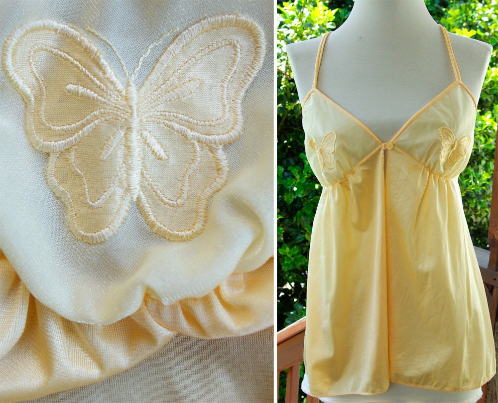 BUTTERFLY 1970's Vintage Yellow Peach Silky Satin Camisole Nightie with Appliques by Maidenform size Small