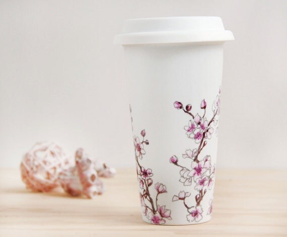 Eco-Friendly  Painted Ceramic Travel Mug - Cherry Blossoms - made to order