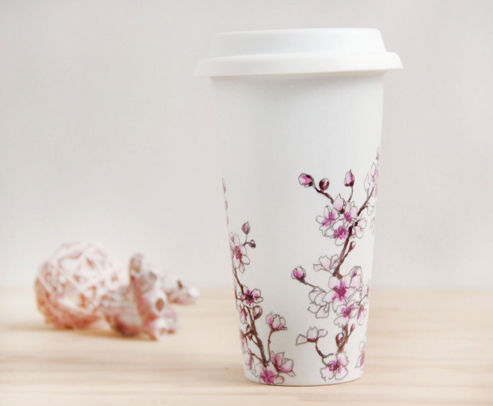 Eco-Friendly  Painted Ceramic Travel Mug - Cherry Blossoms - made to order