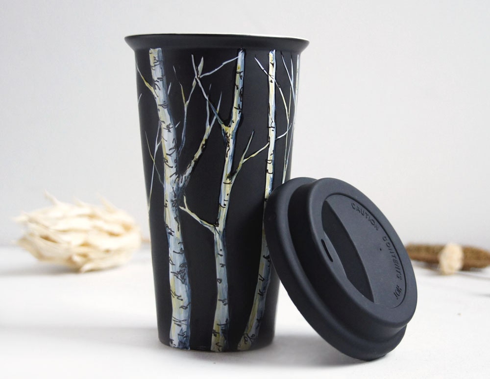 Eco-Friendly  Black Ceramic Coffee Mug - Birch Trees - made to order