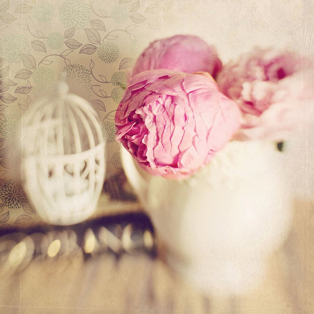Fine Art Photography Pink Peony Blooms & Birdcage 8x8 Print Modern Wall Decor Home Decor
