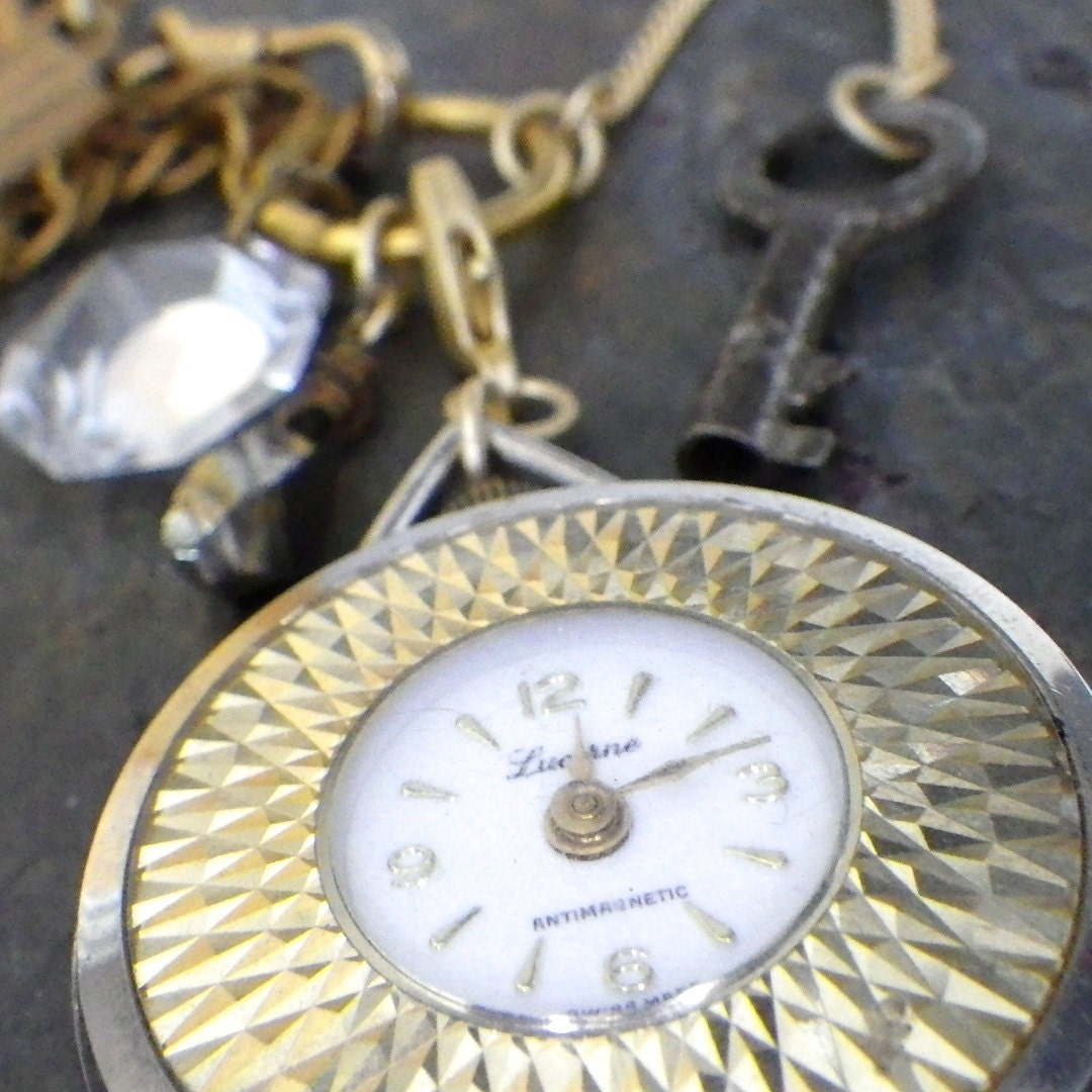 vintage pocket watch assemblage necklace