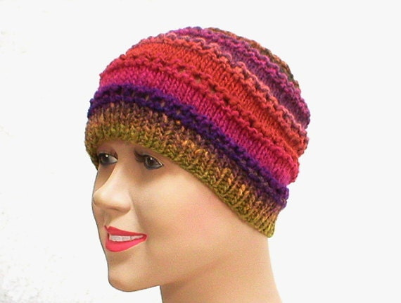Lacy cloche hat knit in purple fuschia moss green orange rust plum rust brown cranberry stripes - beanie hat - women fashion
