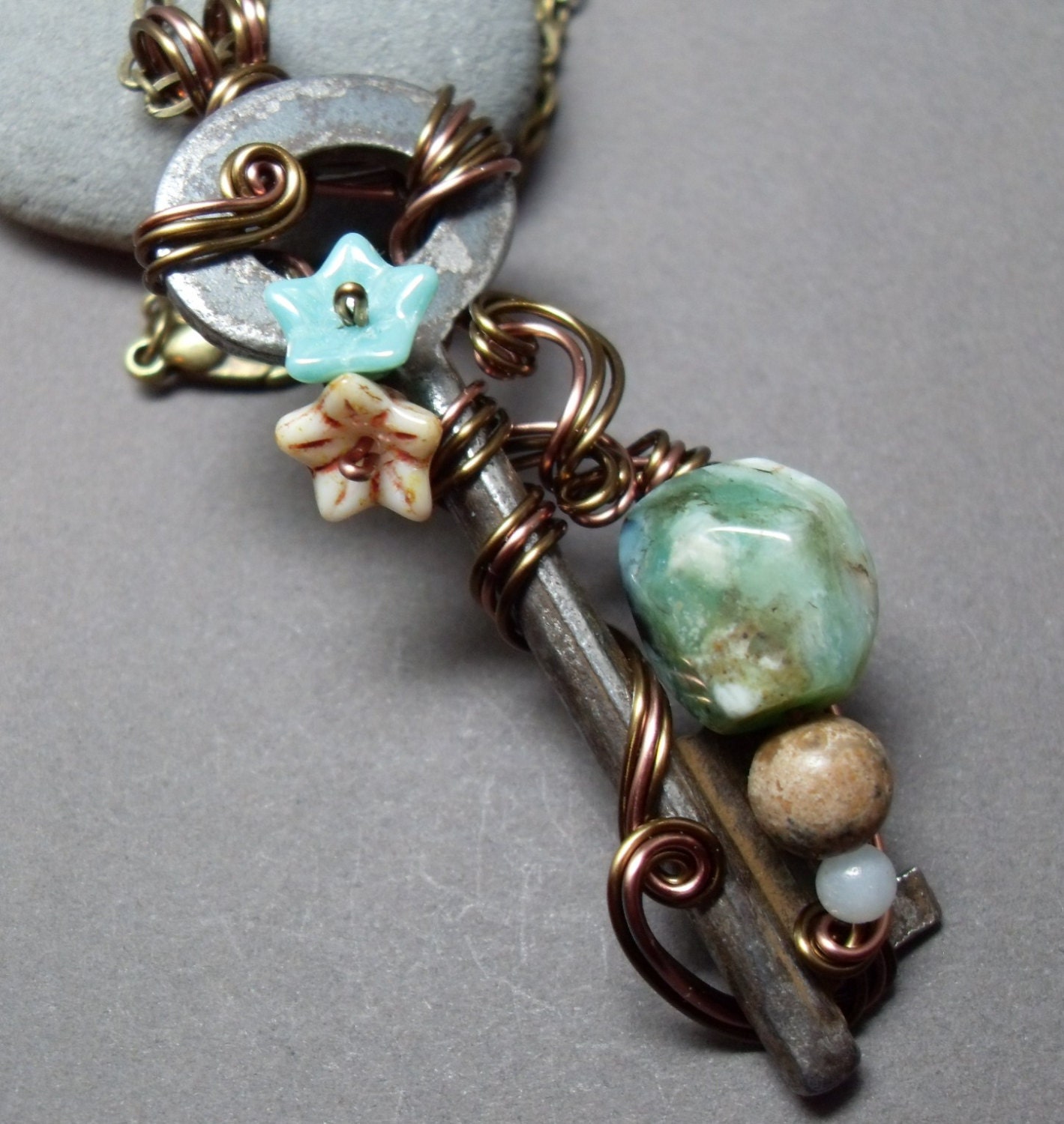 Antique Skeleton Key Aqua Sand Necklace Shipwrecked Peruvian Opal