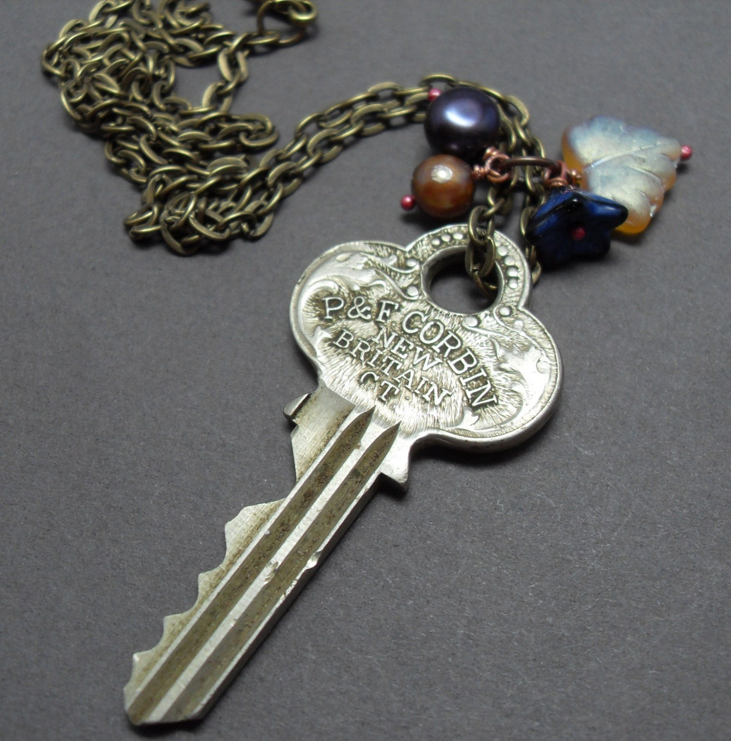 Vintage Key Pearly Brown and Blue Necklace Flower and Leaf
