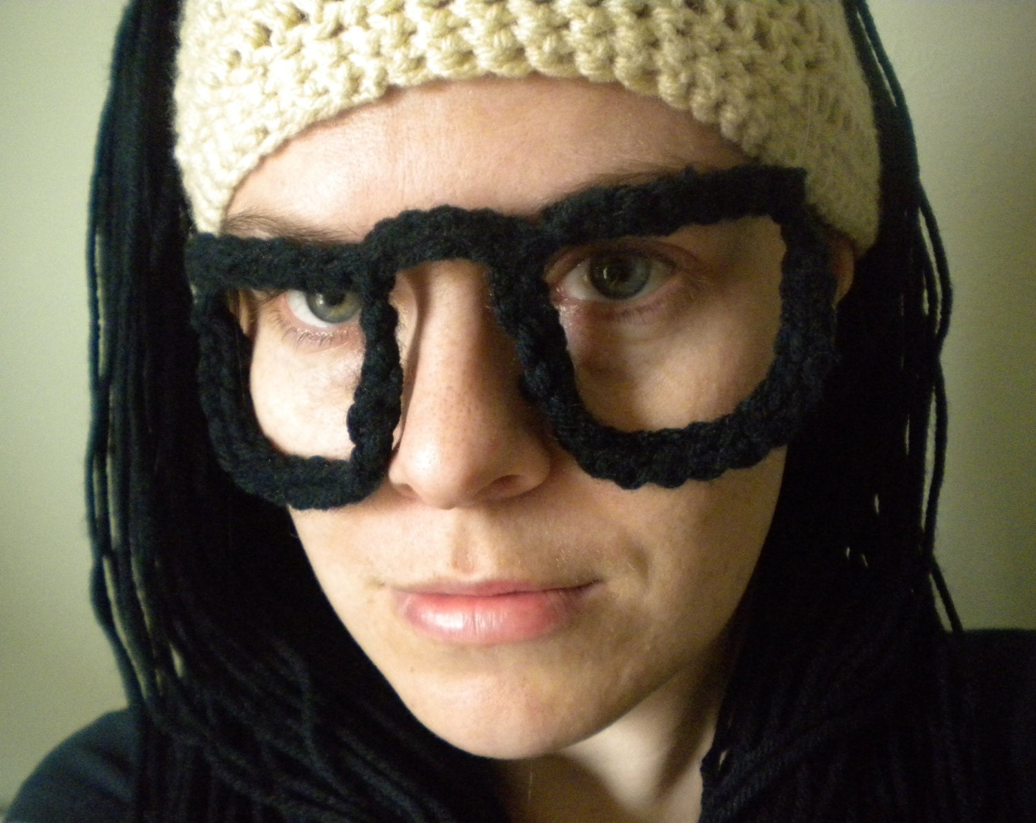 Crochet Skrillex Hat - Pale Tan Beanie with Long Black Hair and "Shaved" Side with Crochet Glasses