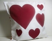 Appliqued heart pillow cover, 12" x 12", red hearts, valentine's day decor, red dots, red, ivory, white, home decor--FREE U.S. SHIPPING