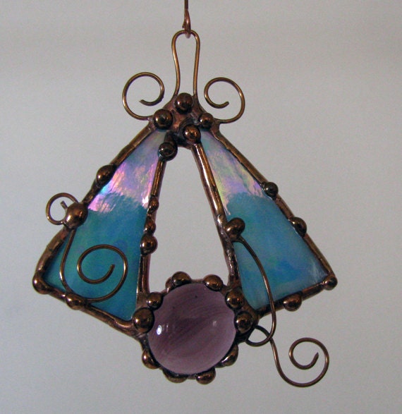 Stained glass and copper wire hanging suncatcher iridescent blue with purple