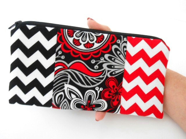 Large Zipper Pouch Coin Purse ECO- Friendly Padded OOAK Red Garden with Chevrons
