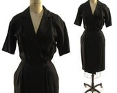 80s Linen Wrap Around Shirt Dress / Black / Minimalist