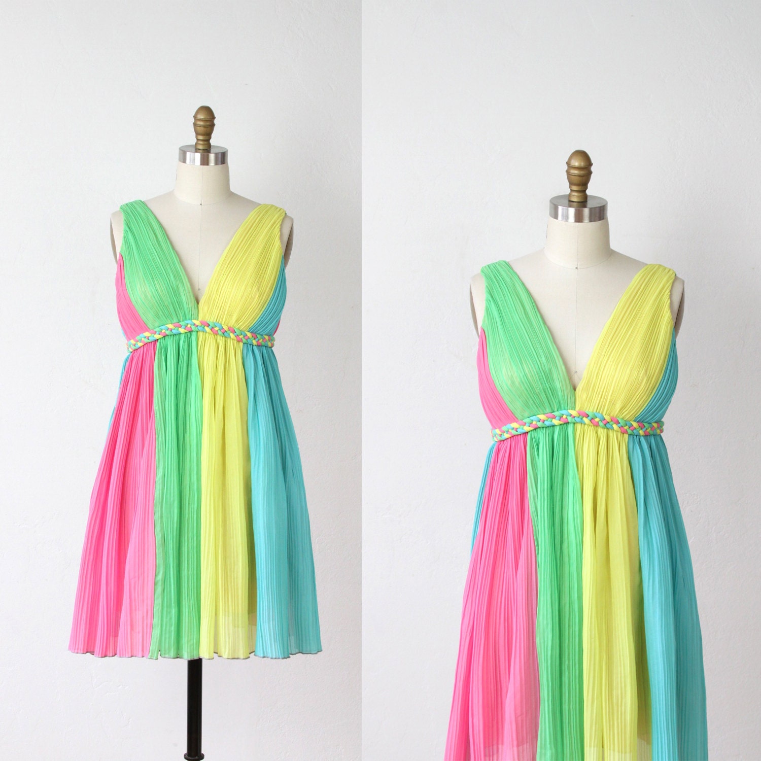 Vintage 1960's Grecian Braided Pleat Rainbow Dress - M