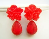 Red Rose Post Earrings with Dangles, Bright Red Flowers & Stone Drops on Studs, Bridesmaids Flower Posts - Farah