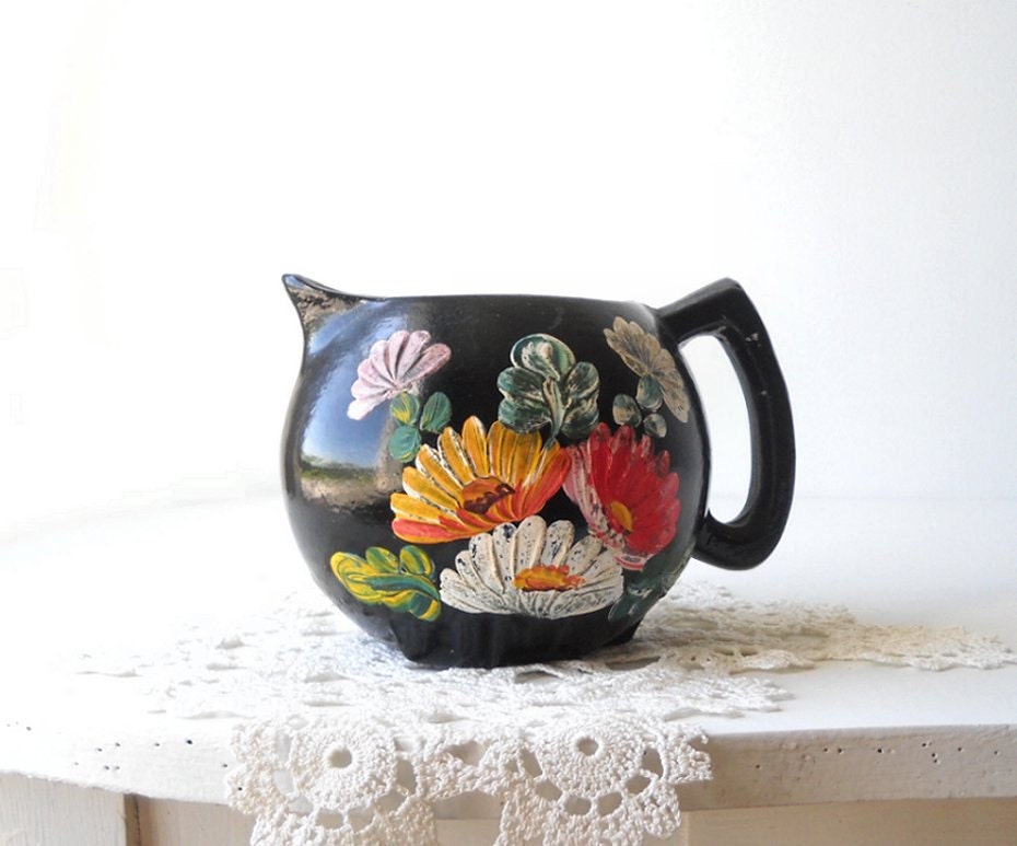 Retro Ransburg Pottery - Large Black Creamer - Handpainted Flowers