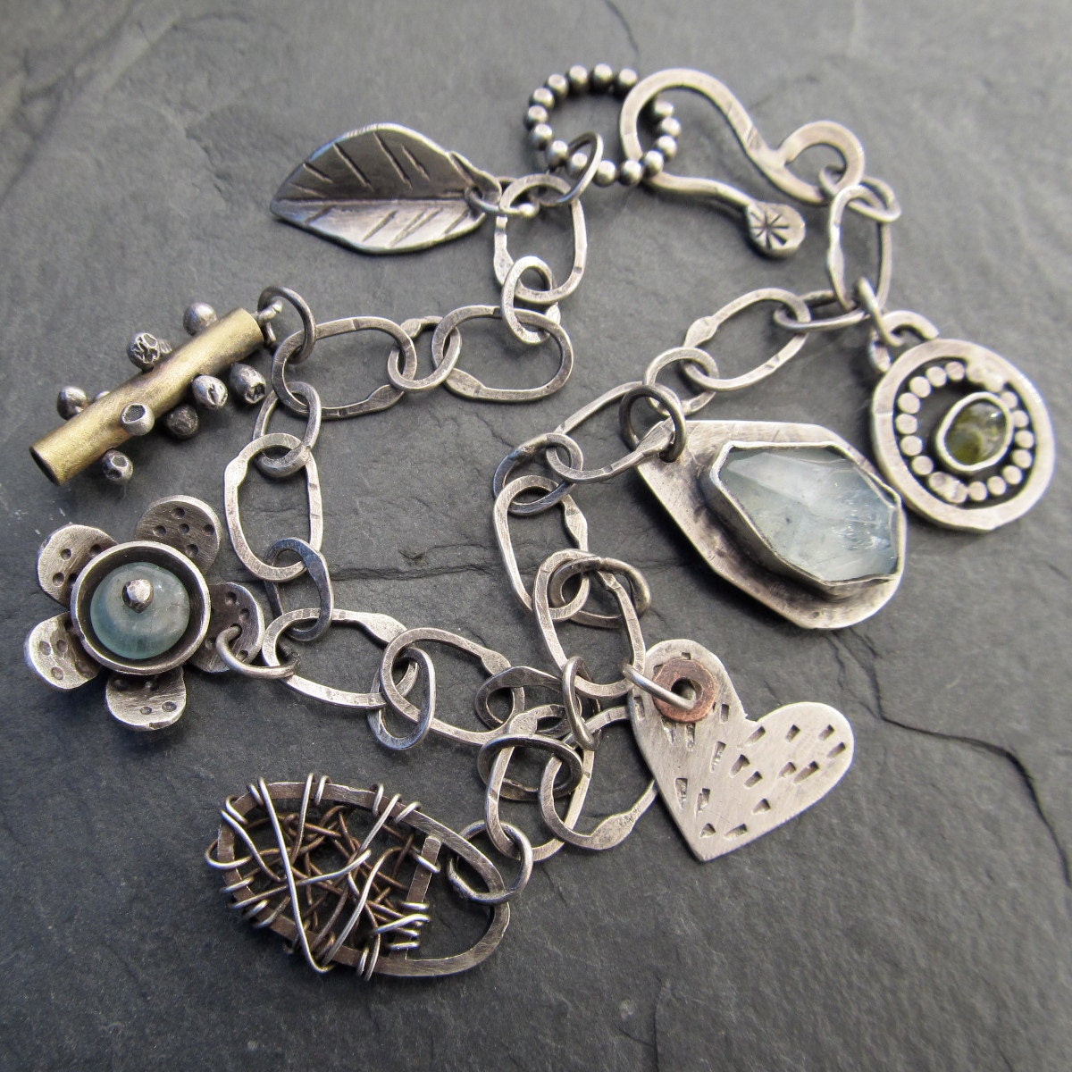 Sterling silver Charm BRACELET Funky Artsy Wire Wrapped Blue Gemstone