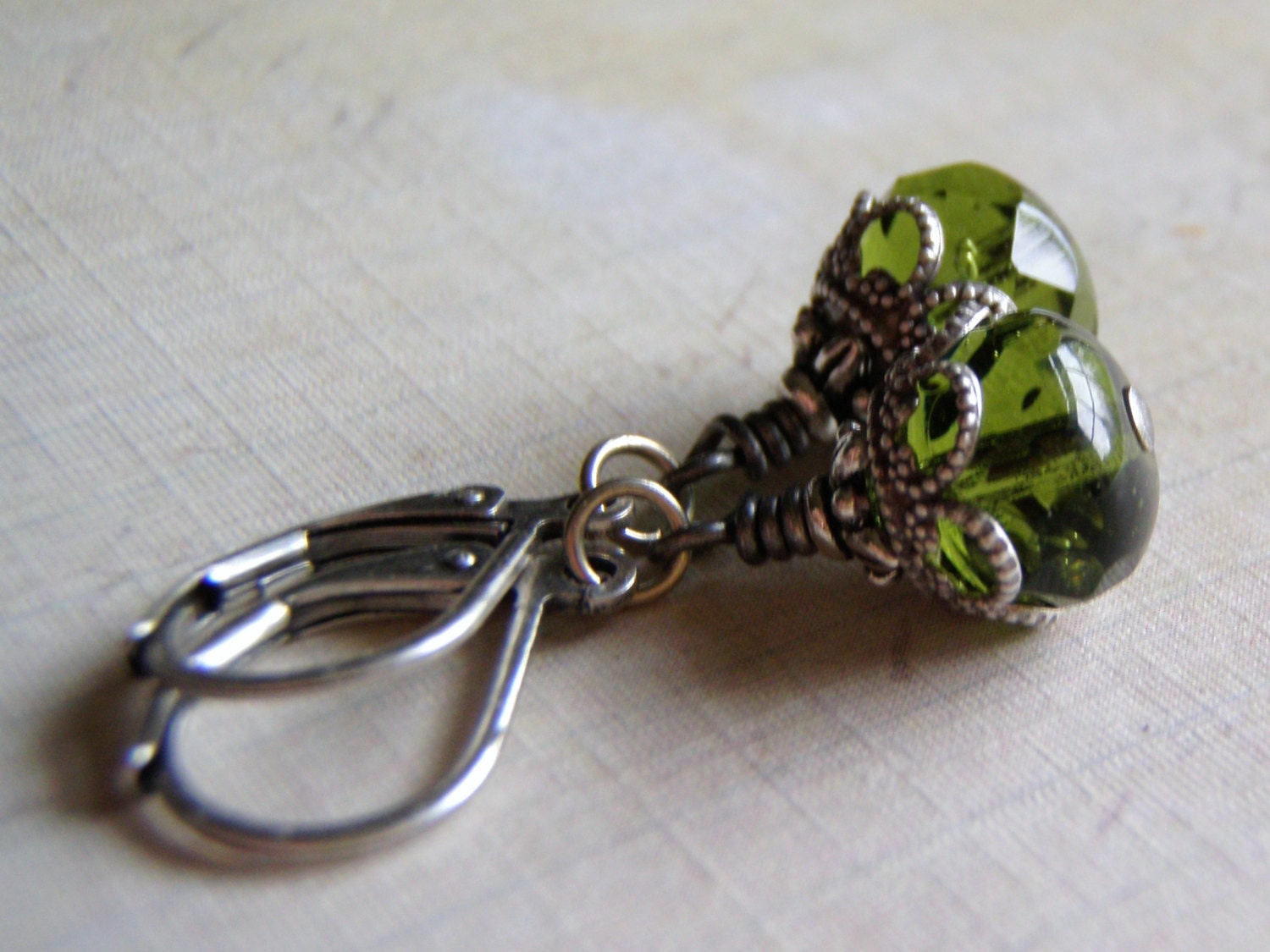 Olive Green Earrings Czech Glass  Antique Silver lever Back Ear Wire