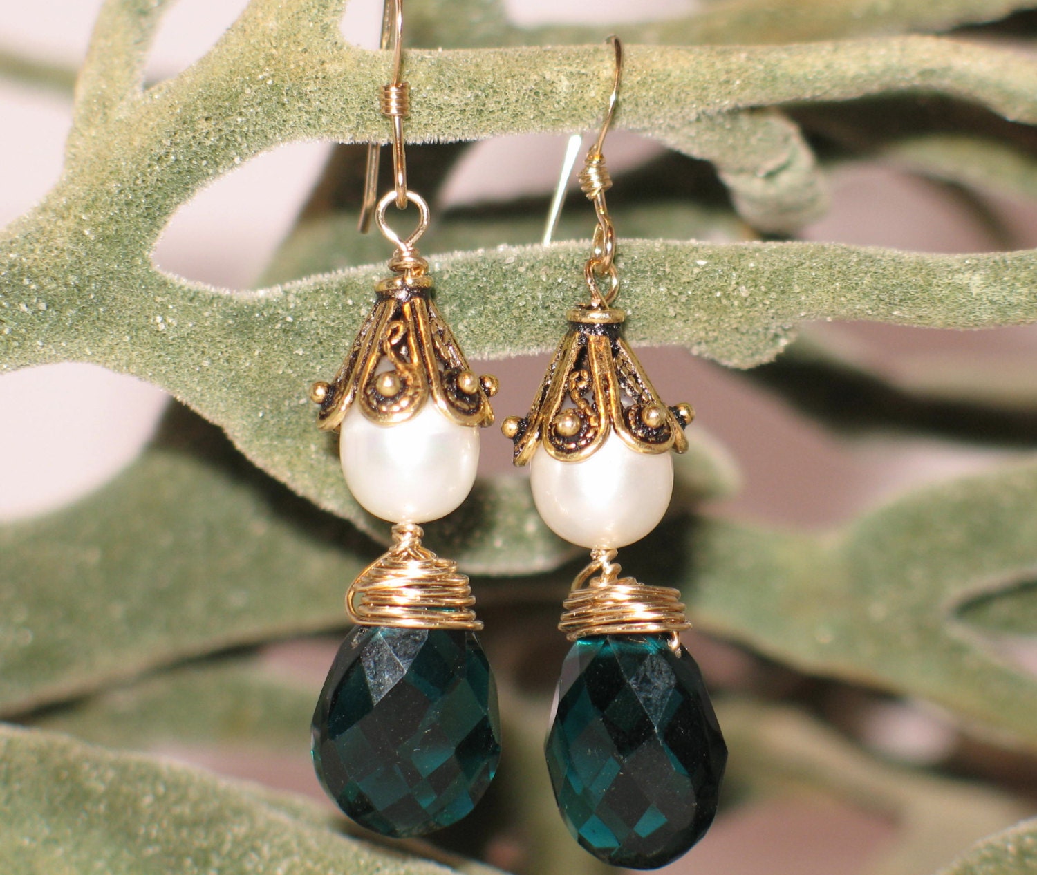 Emerald Quartz, Pearl & Gold Wire-Wrapped Earrings