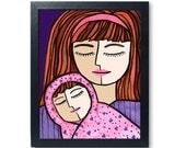 Newborn Baby Girl and Mom Art Print - 8 x 10 Nursery Art Giclee, Mother and Child, Pink and Purple, Nursery Decor by Claudine Intner